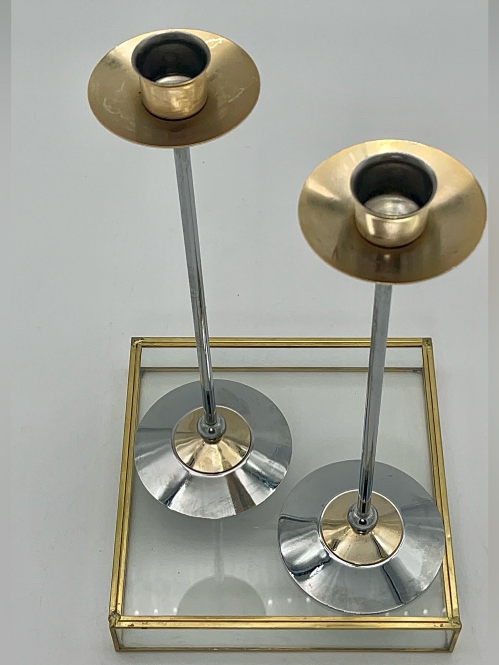 Vintage Brass toned and Silver Metal Taper Candle Holders - Pair